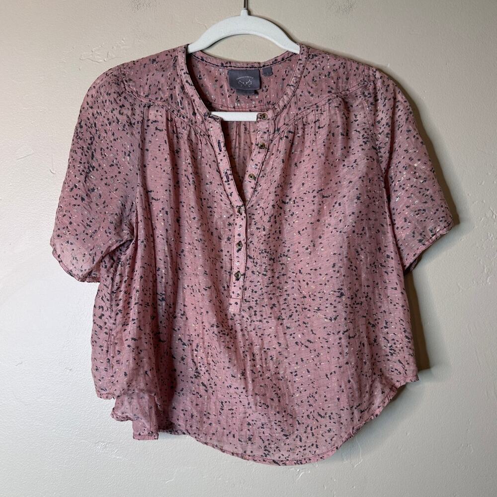 Vanessa Virginia Anthropologie Pink Grey Spot Blouse Cotton Silk Blend SMALL